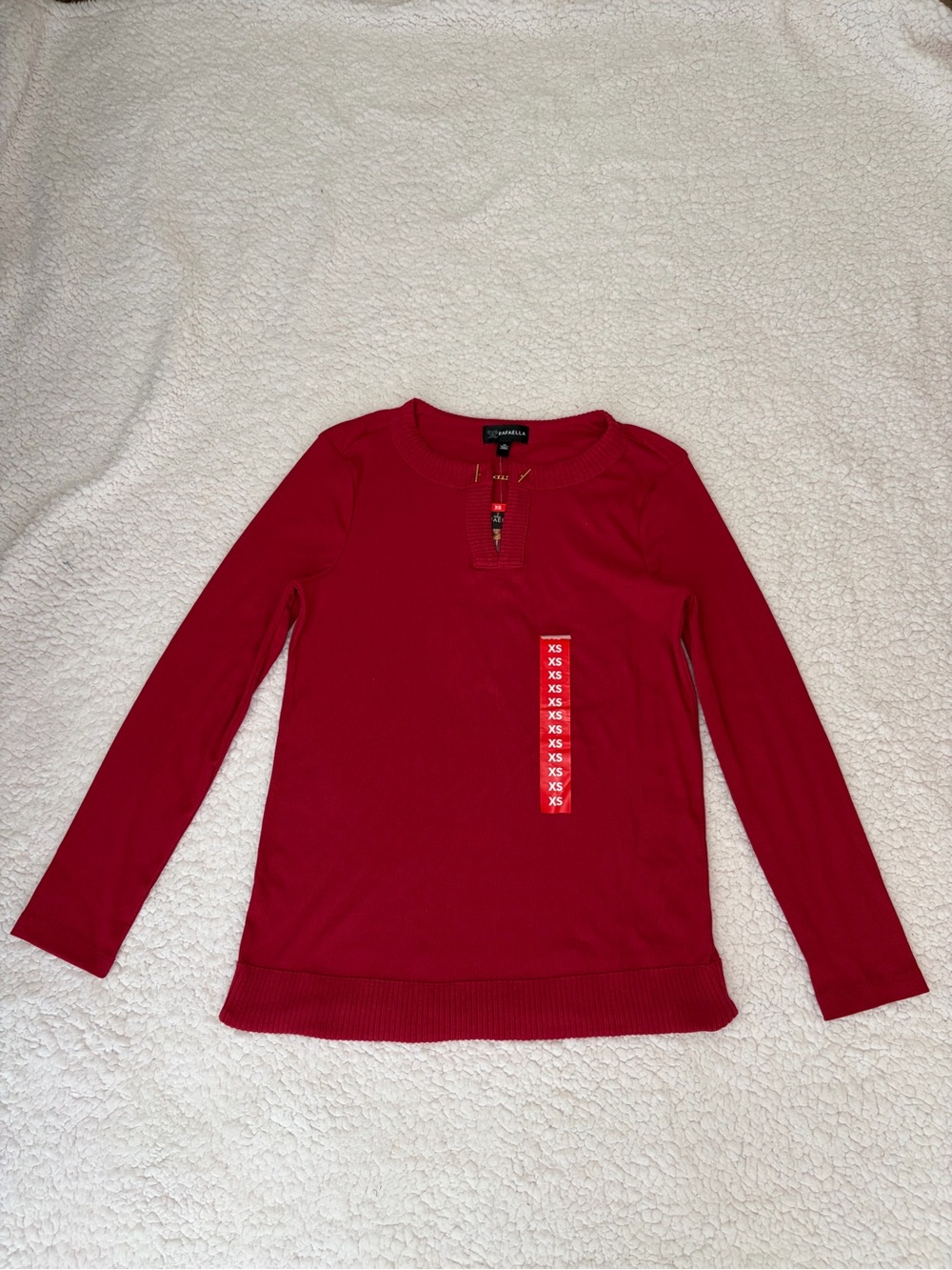 Rafaella Long-sleeve Henley Shirt Ribbed Knit Short Button Placket Red Size XS